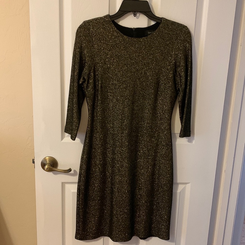 Karen Kane 3/4 sleeve evening dress. Black with gold flecks thru out dress